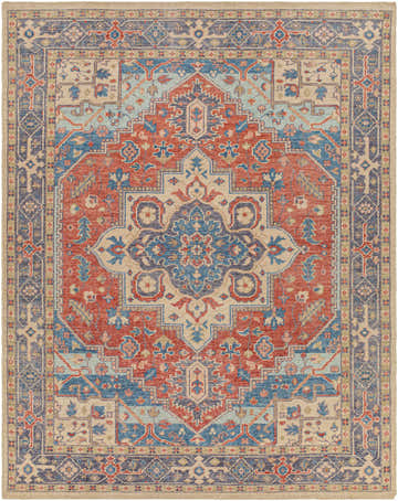 Detailed Oracabessa Premium Area Rug showing a traditional Persian design in blue, brick red, coral, and tan hues. Hand-knotted wool rug. Design-Rectangle-810
