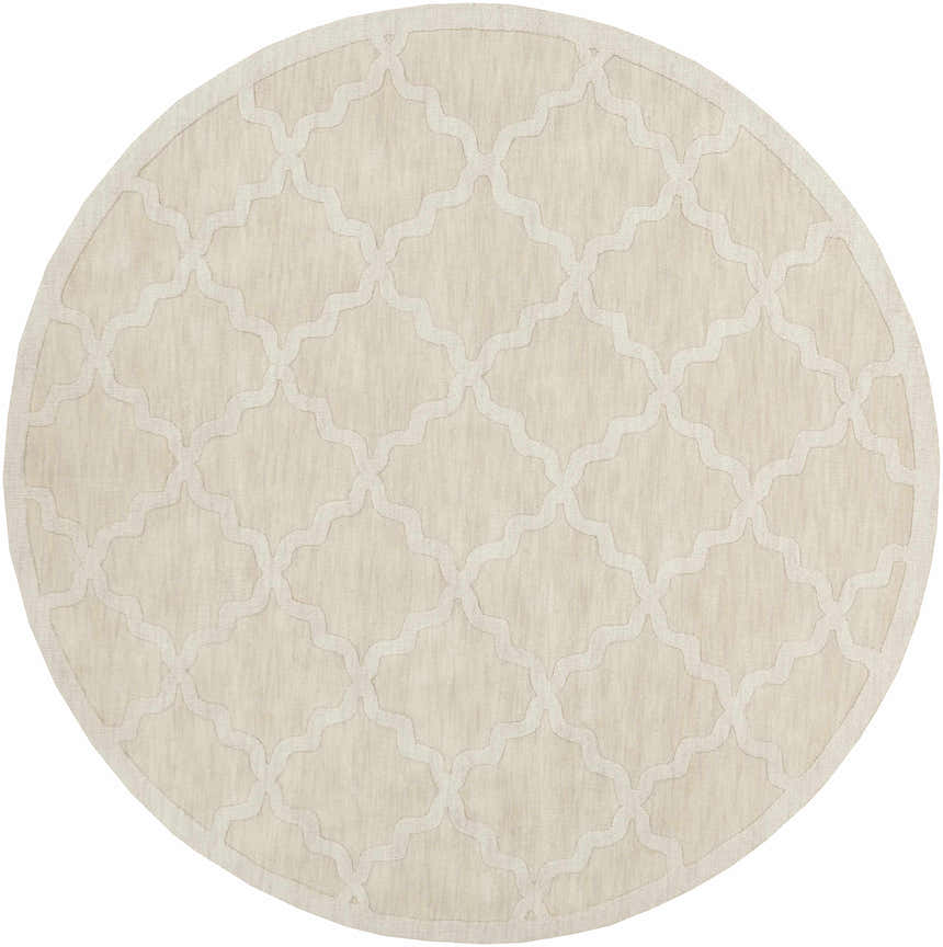 Beige round Orick Hand Loomed Wool Area Rug with a geometric trellis pattern. Contemporary style rug. Design-Round-79