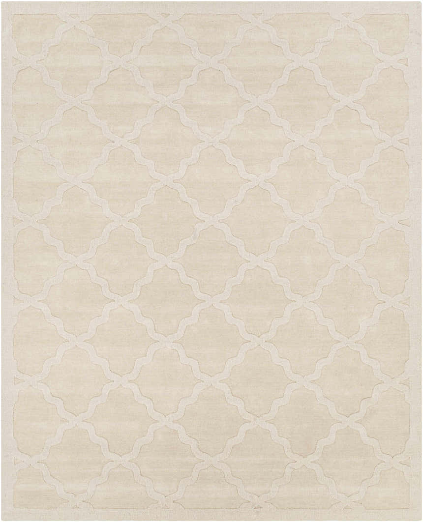 Beige Orick Hand Loomed Wool Area Rug with a subtle quatrefoil pattern and soft, textured weave. Design-Rectangle-810