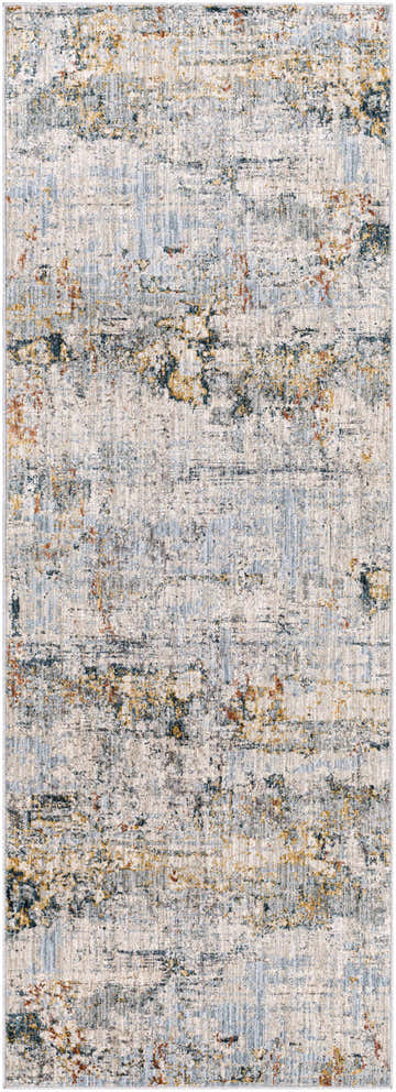 Close-up of the Ottawa Luxe Rug. Contemporary Persian style with brick red, cream, blue, and gray tones. Design-Runner-2773