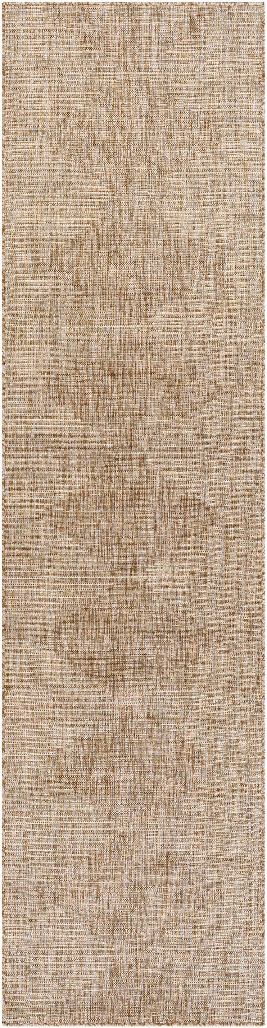 Close-up of the woven texture of the Stephan Dark Beige Outdoor Rug. Neutral tones of cream and light brown. Design-Runner-2710