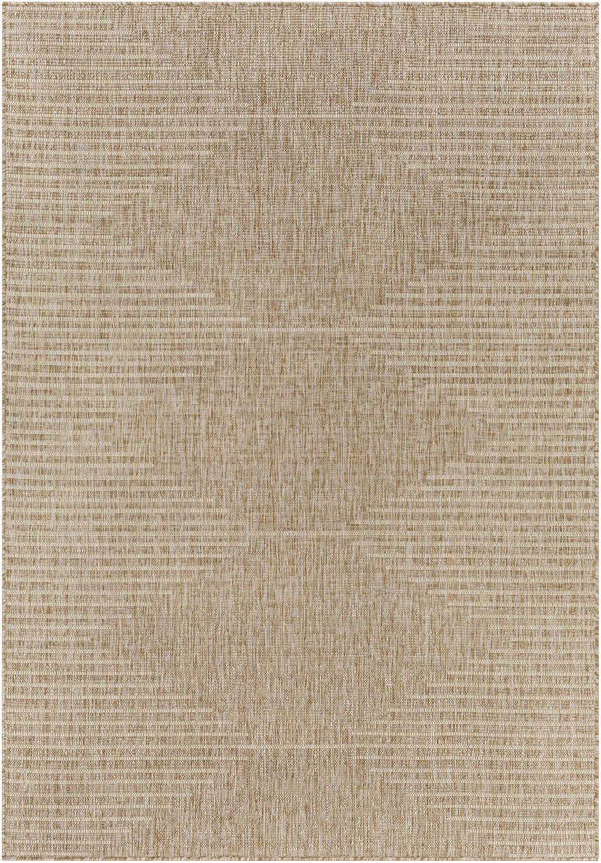 Close-up of the Stephan Dark Beige Outdoor Rug, showing its woven texture and neutral cream and brown tones. Design-Rectangle-5377