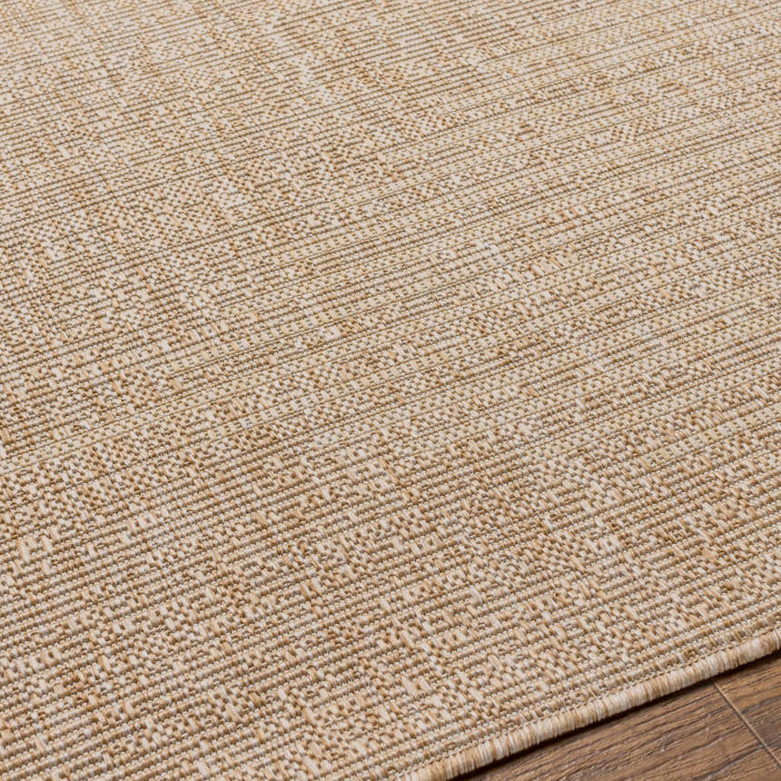 Close-up of the Stephan Dark Beige Outdoor Rug, showing its woven texture and subtle pattern in cream and light brown. Texture