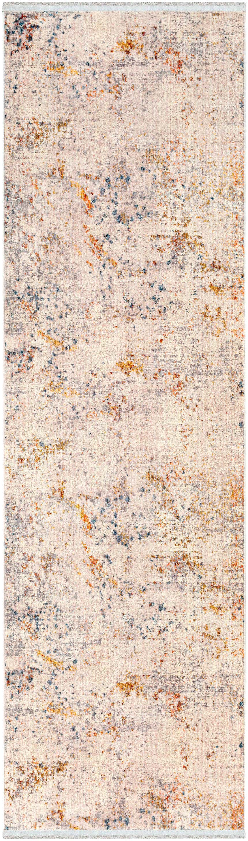 Close-up of the Palhi Area Carpet. Cream rug with brick red, dark blue, and gray contemporary design. Design-Runner-279