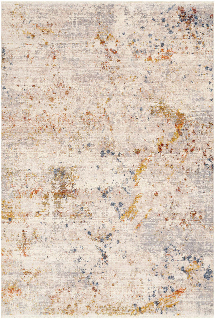 Close-up of Palhi Area Carpet. Contemporary design with brick red, cream, blue, and gray abstract pattern. 100% Polyester. Design-Rectangle-58