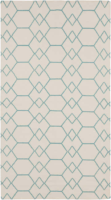 Close-up of the Paonia Area Rug. Beige wool rug with a teal geometric pattern. Hand woven contemporary style. Design-Rectangle-58