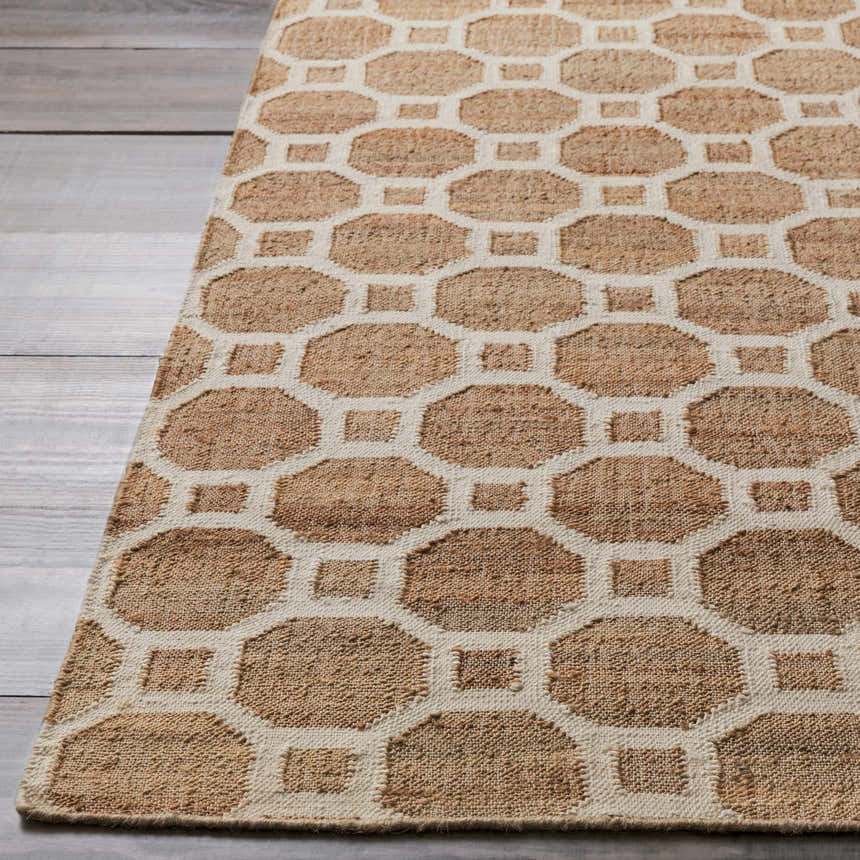 Close-up of the hand woven Pattersonvle Area Carpet. Brown and white geometric pattern on a jute and viscose rug. Front