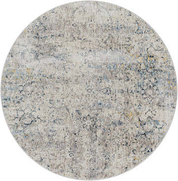 Round Pence Luxe Fringe Rug in light beige, blue, and charcoal with a distressed contemporary pattern. Design-Round-53
