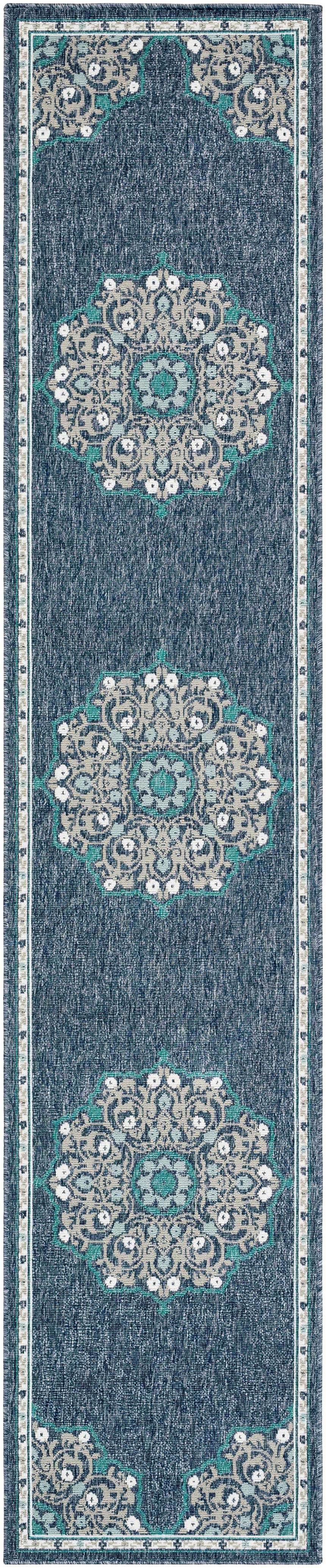 Close-up of the Penland Area Rug. Navy olefin rug with teal, taupe, and white floral medallion design. Traditional style. Design-Runner-23119
