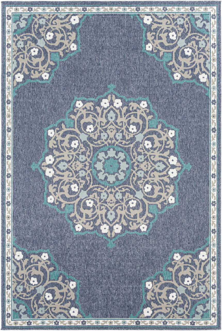 Close-up of the Penland Area Rug. Navy olefin rug with a traditional floral medallion pattern in teal, taupe, and white. Design-Rectangle-76109