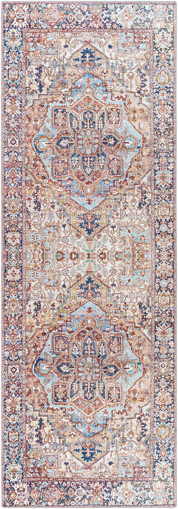 Detailed Neyland Iris Olive & Brown Area Rug 2360. Bohemian style with brown, blue, and olive colors. Design-Runner-2676
