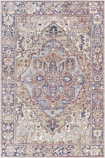 Detailed Neyland Iris Olive & Brown Area Rug 2360. Features a traditional oriental design with blue, brown, and cream colors. Design-Rectangle-576