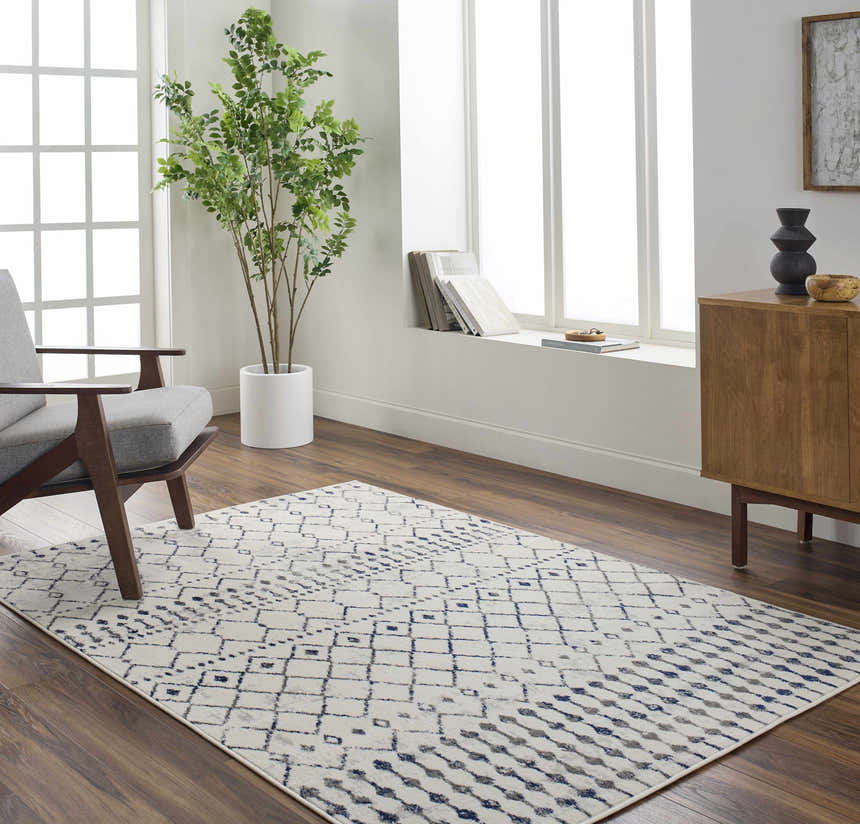 Living room scene with Priel Area Rug, gray chair, wood cabinet, and large window. Bohemian style rug. Roomscene-Rectangle