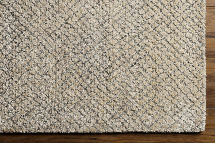 Close-up of Phalaborwa Area Rug showing its gray, light beige, and tan textured, hand-loomed design. Corner