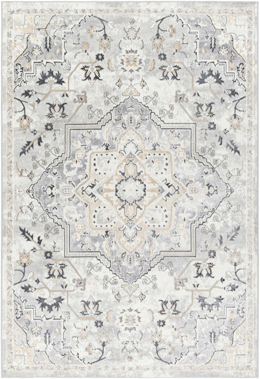 Close-up of the Phyre Area Rug. Light gray farmhouse style rug with traditional floral and geometric pattern. Design-Rectangle-537