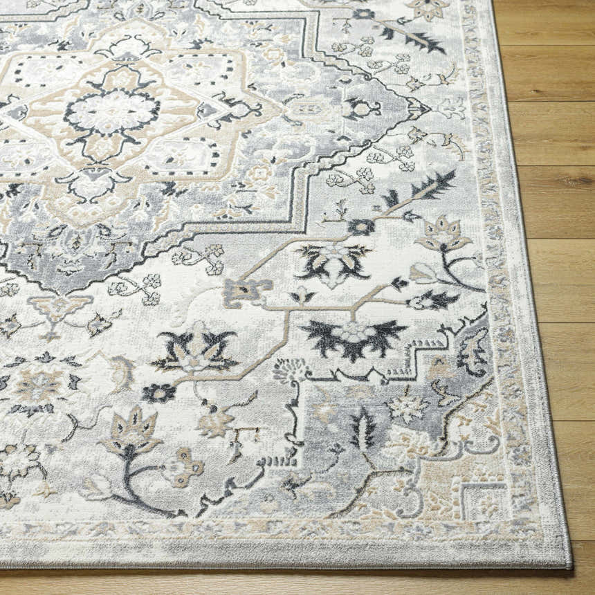 Close-up of the Phyre Area Rug. Light gray farmhouse style rug with traditional floral and geometric patterns. Front