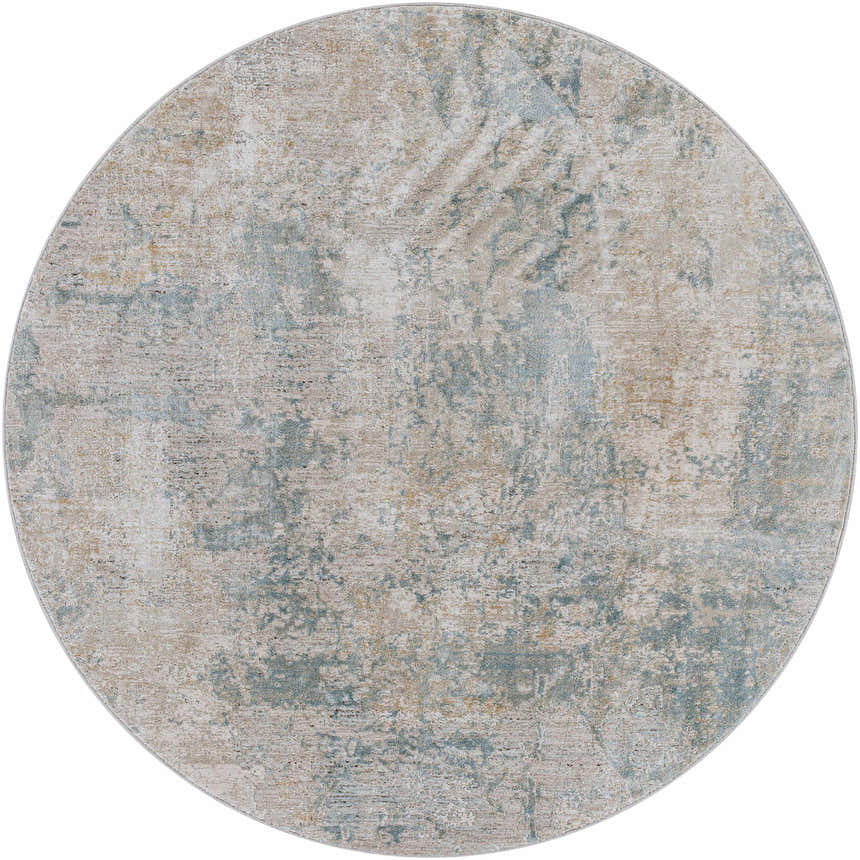 Round Pialba Thick Luxe Abstract Smokey Rug with dusty sage, light blue, and taupe abstract pattern. Design-Round-53