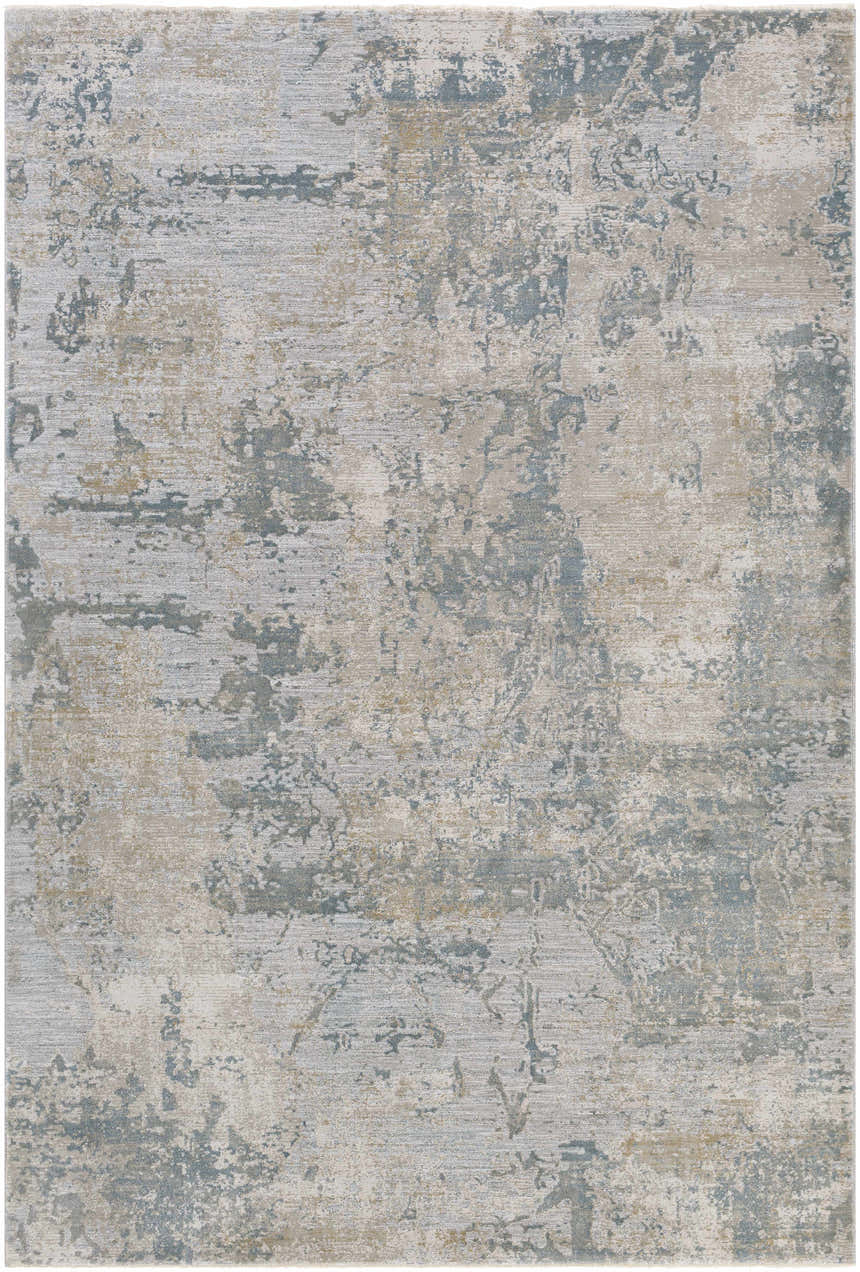 Close-up of Pialba Thick Luxe Abstract Smokey Rug. Features a smokey abstract design in dusty sage, light blue, and taupe. Design-Rectangle-6796