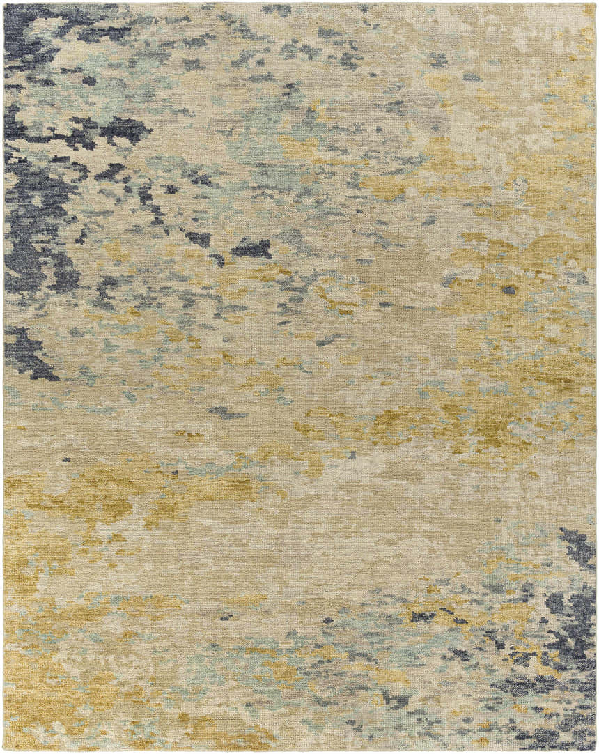 Close-up of the hand-knotted Pias Area Rug. Beige wool rug with contemporary abstract pattern in gray, blue, and mustard. Design-Rectangle-810