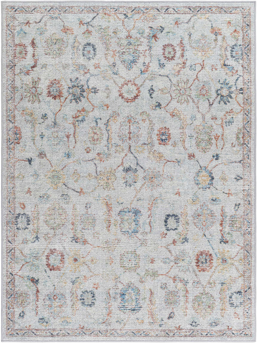 Piera Washable Area Rug, ash and silver farmhouse style with traditional floral pattern. Design-Rectangle-537