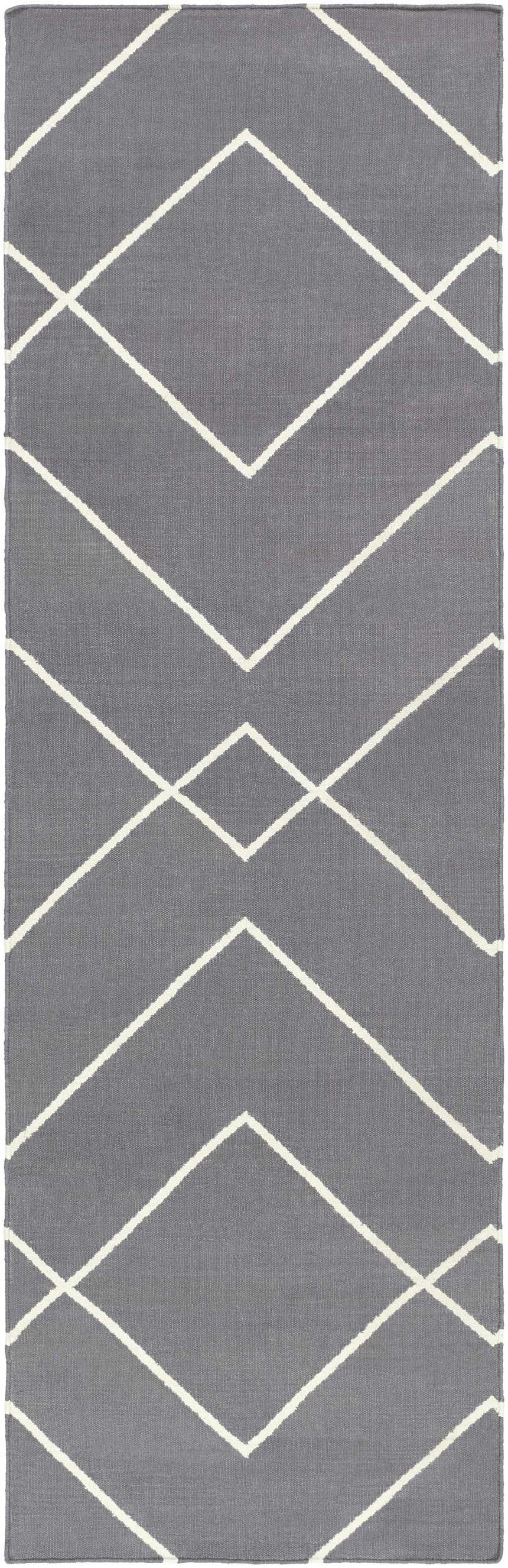 Close-up of the Pinewood Area Rug. Gray cotton rug with an off-white geometric diamond pattern. Hand woven texture. Design-Runner-268