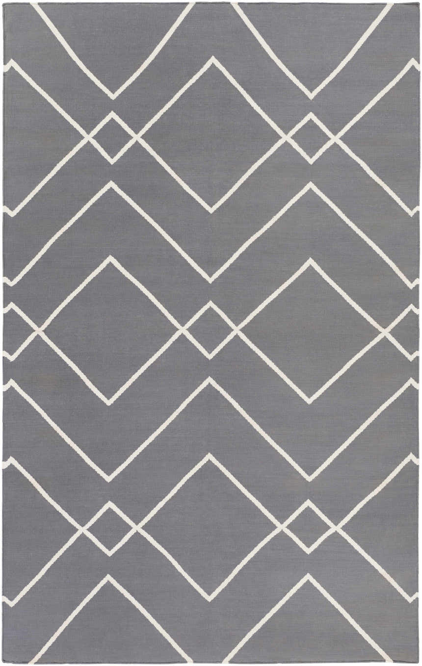 Close-up of the hand woven Pinewood Area Rug. Gray rug with an off white geometric diamond pattern. Contemporary style. Design-Rectangle-576