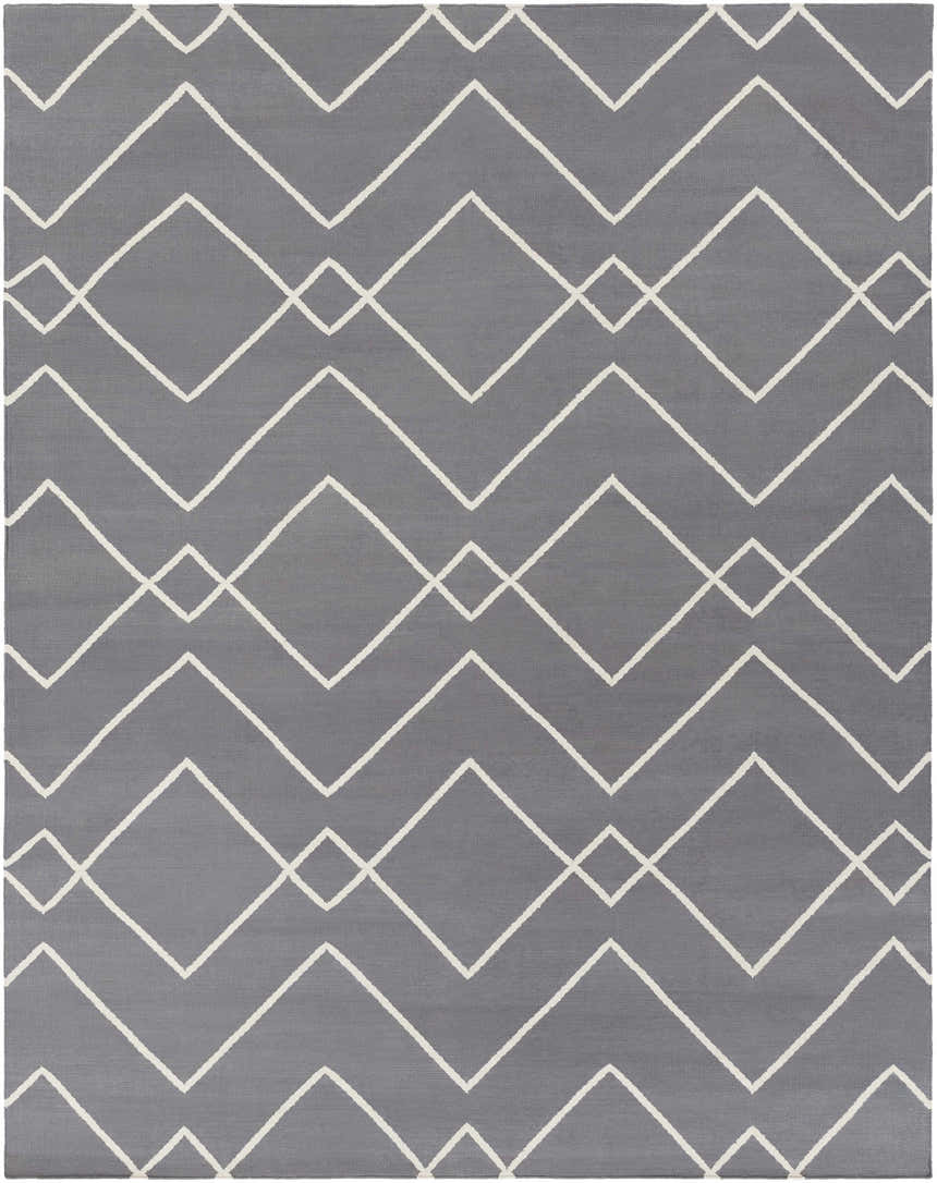 Close-up of the Pinewood Area Rug. Hand woven cotton rug with gray background and off white geometric diamond pattern. Design-Rectangle-810