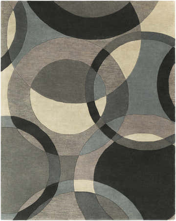 Close-up of the Rilton Gray Wool Carpet featuring a contemporary geometric pattern in black, charcoal, gray, taupe, and teal. Design-Rectangle-7696