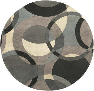 Close-up of a round Rilton Gray Wool Carpet with a contemporary geometric pattern in black, charcoal, gray, taupe, and teal. Design-Round-8