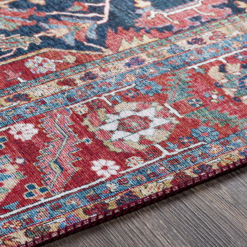 Close-up of the Pauline Red Medallion Performance Rug. Features burgundy, cream, and blue oriental-inspired patterns. Texture