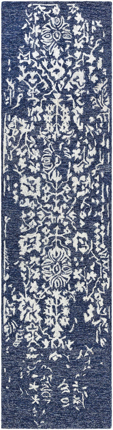 Close-up of the Poole Navy Wool Area Carpet featuring a beige floral pattern on a navy background. Design-Runner-2610