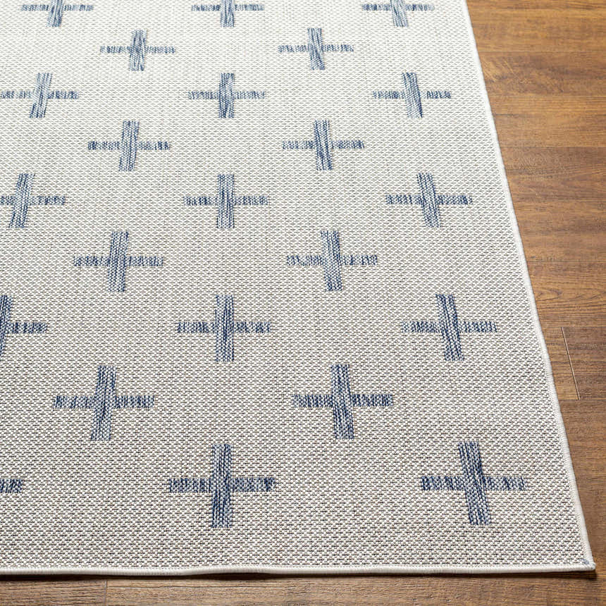 Close-up of Pangao Area Rug showing cream and dark gray geometric plus sign pattern and machine woven texture. Front