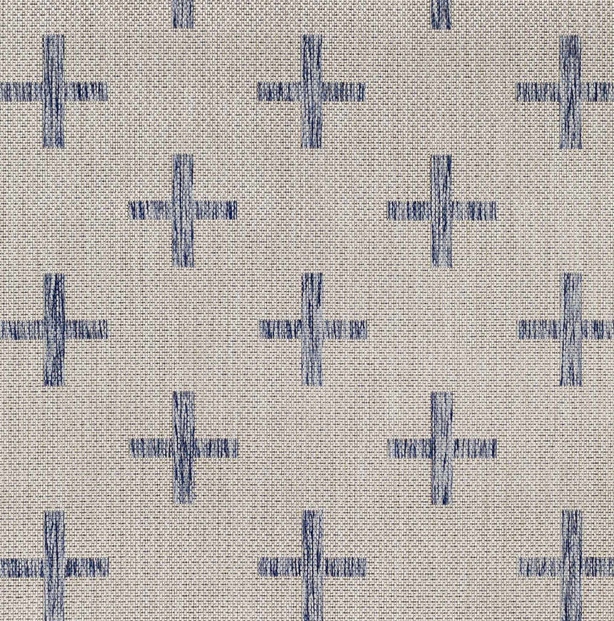 Close-up of Pangao Area Rug. Cream rug with dark gray plus sign geometric pattern. Machine woven texture. Swatch