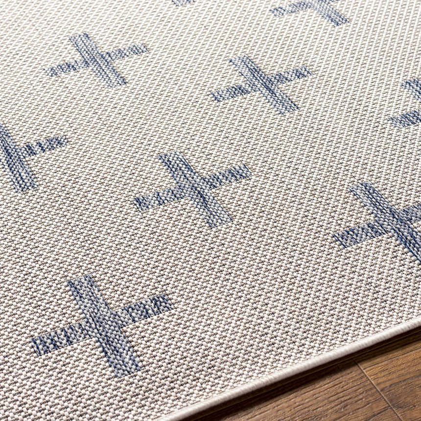 Close-up of Pangao Area Rug showing cream woven texture and dark gray plus sign geometric pattern. Texture