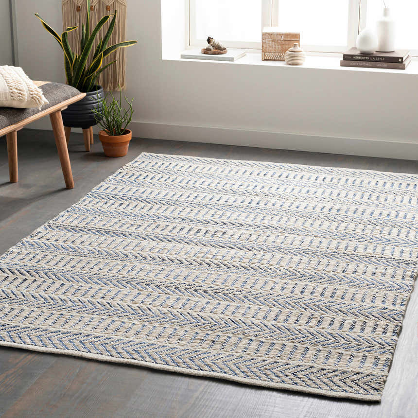 Living room scene with a beige and blue Pontian Area Rug, bench, plants, and natural light. Roomscene-Rectangle