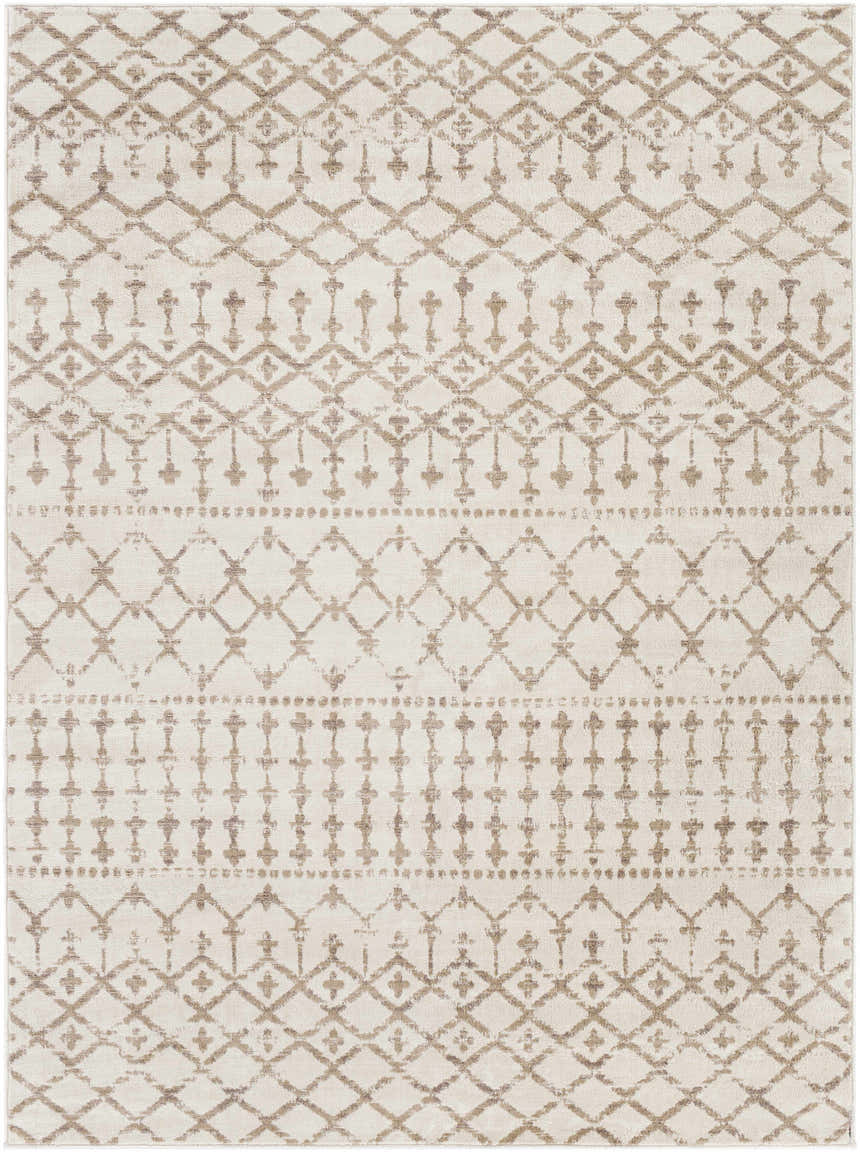 Close-up of the Pineview Area Carpet, a machine-woven rug in gray, ivory, and tan with a geometric bohemian pattern. Design-Rectangle-537