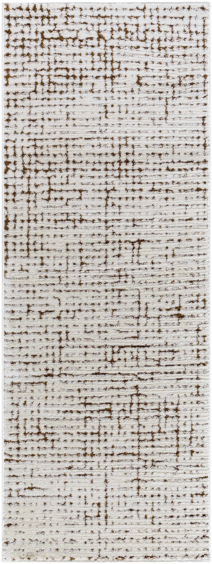 Close-up of Cascade Minimalist Rug. Ivory rug with a dark red and medium brown abstract grid pattern. Design-Runner-273