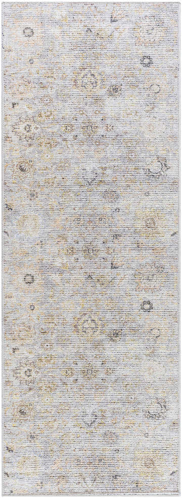 Close-up of Livabliss x Our PNW Home Olympic Damask Gray Rug. Traditional damask pattern in gray, black, mustard, and peach tones. Design-Runner-2773