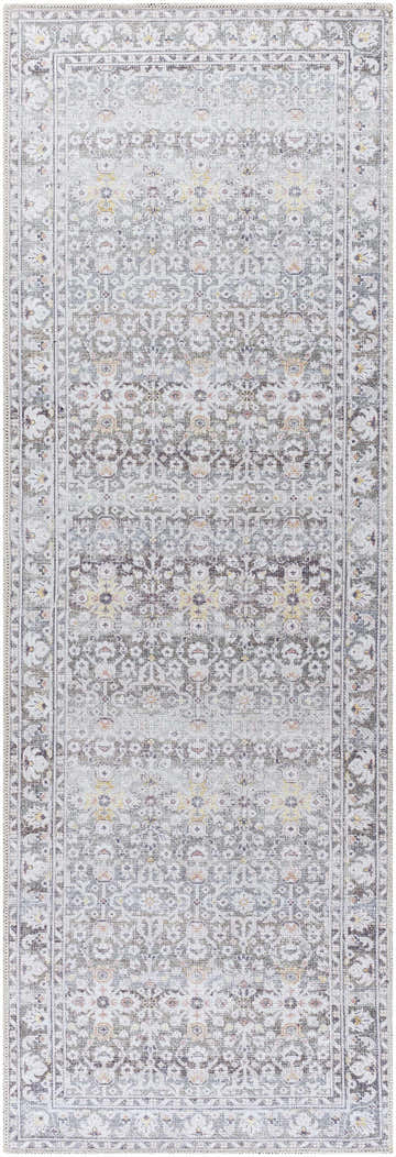 Close-up of PNW Home Rainier Damask Brown Washable Rug. Farmhouse style rug with dark brown and red traditional pattern. Design-Runner-27710