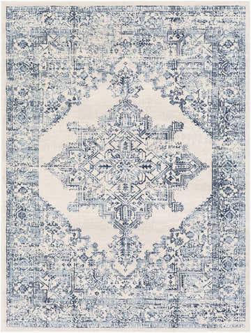 Close-up of the Pooraka Area Rug; a machine-woven, rectangular rug in off-white and navy with a traditional, oriental-inspired design. Design-Rectangle-537