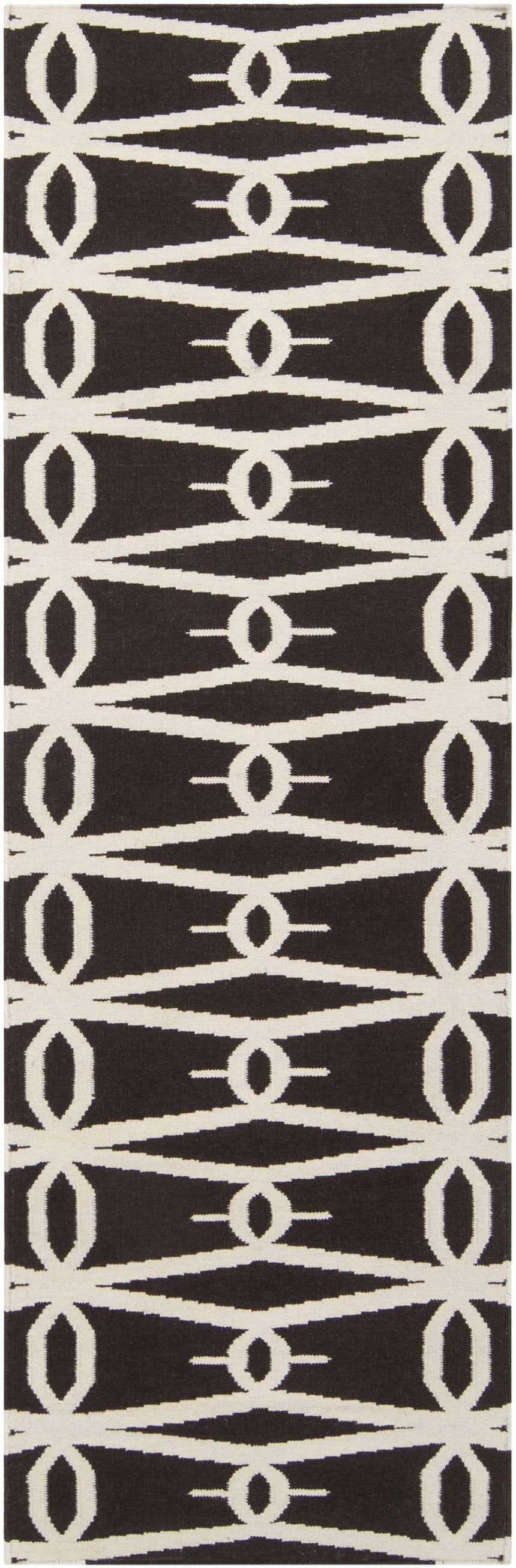 Close-up of the hand woven Potsdam Area Rug. Dark brown wool with a geometric, cream-colored chain pattern. Design-Runner-268