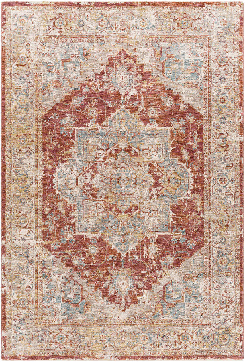 Detailed Powassan Area Rug close-up with brick red, charcoal, light beige, and teal traditional design. Design-Rectangle-575