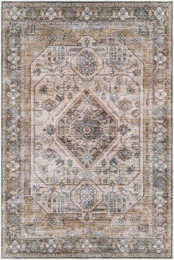 Detailed beige and brown Progress Washable Area Rug with traditional oriental pattern and light blue accents. Design-Rectangle-576