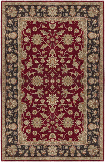 Close-up of the Porthcawl Wool Area Rug. Features a traditional floral pattern in brick red, brown, and black tones. Design-Rectangle-58