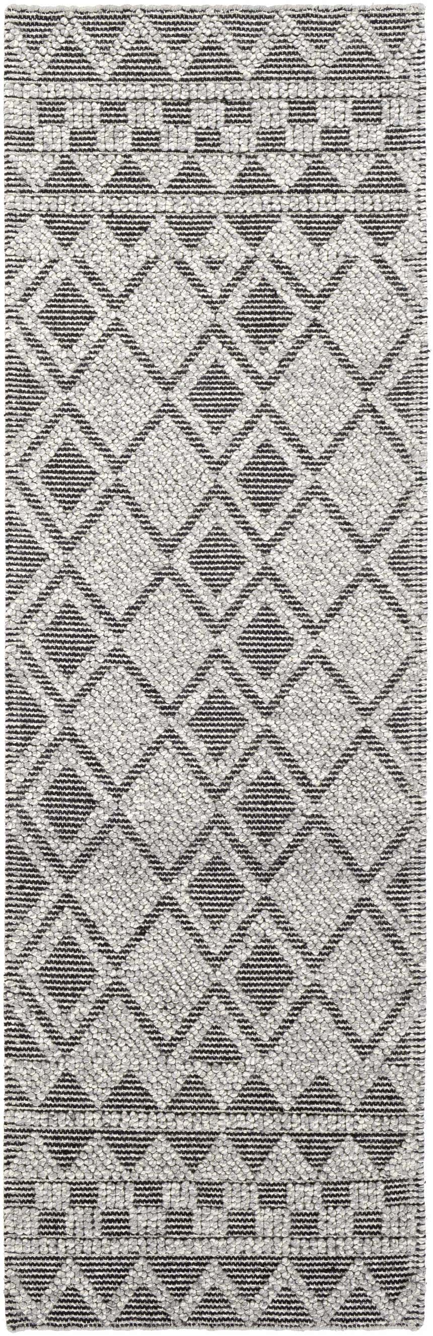 Close-up of the hand woven Post Area Rug. Features a gray and black diamond pattern with a textured wool finish. Design-Runner-268