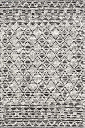 Close-up of the hand woven Post Area Rug, a wool runner with a geometric diamond pattern in gray and off-white. Design-Rectangle-576