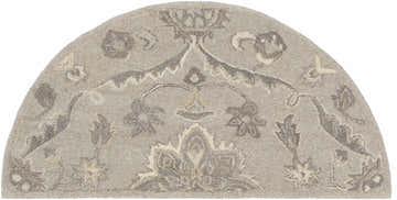 Close-up of the Peterstown Beige Wool Rug featuring a floral, oriental-inspired pattern in taupe, tan, and beige. Design-Hearth