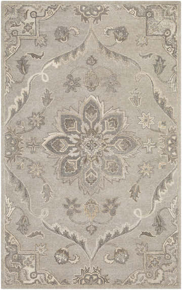 Close-up of the Peterstown Beige Wool Rug featuring a traditional floral pattern in beige, tan, and charcoal hues. Design-Rectangle