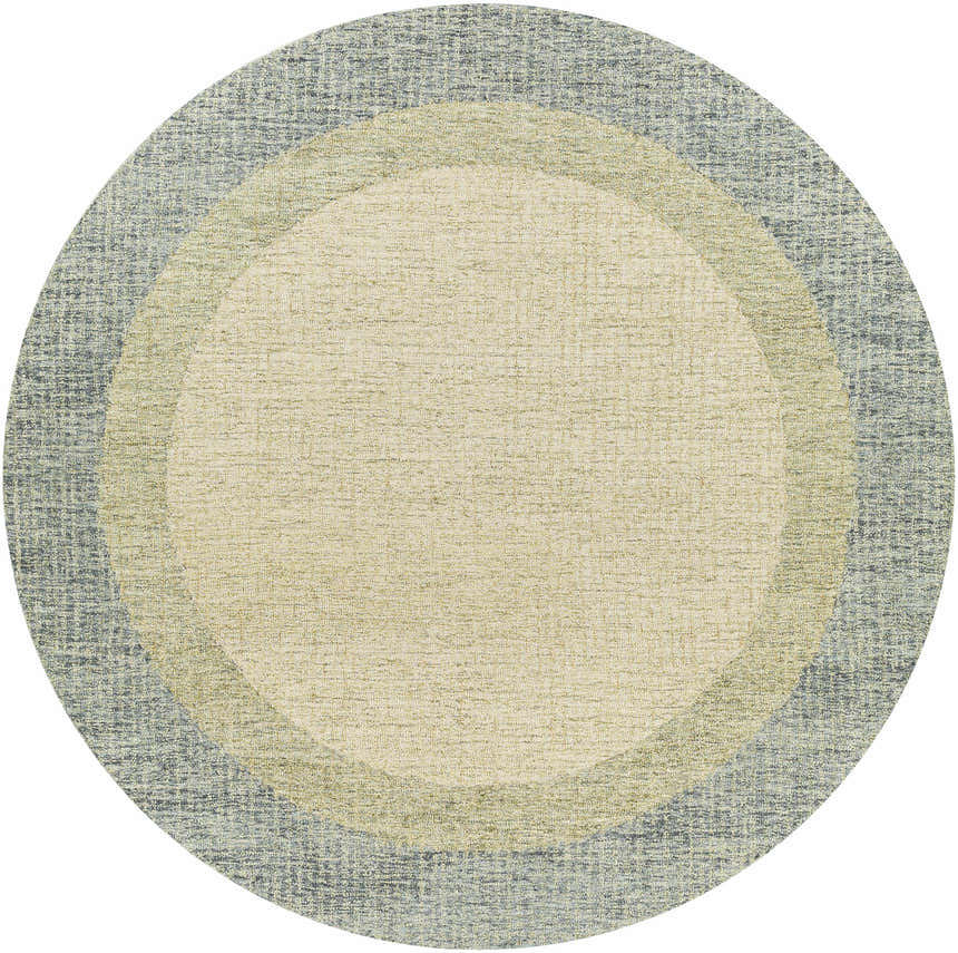 Close-up of round Pualas Area Rug. Cream, dusty sage, and light beige concentric circles. Hand-tufted 100% wool texture. Design-Round-8
