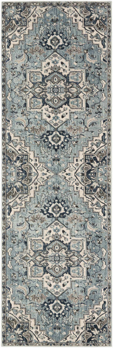 Close-up of the Pukwana Area Rug. Traditional oriental design in shades of blue, gray, and oatmeal. Machine woven texture. Design-Runner-26710